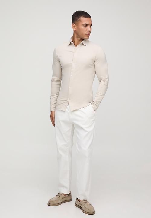 boohooMAN - Stretch Muscle Fit Jersey Long Sleeve Shirt - Stone