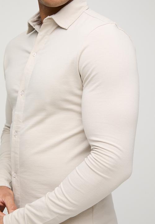 boohooMAN - Stretch Muscle Fit Jersey Long Sleeve Shirt - Stone