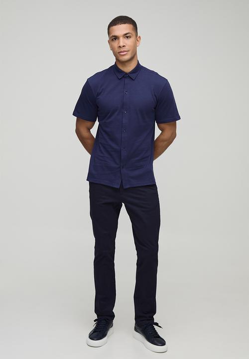 boohooMAN - Slim Fit Jersey Short Sleeve Shirt - Navy