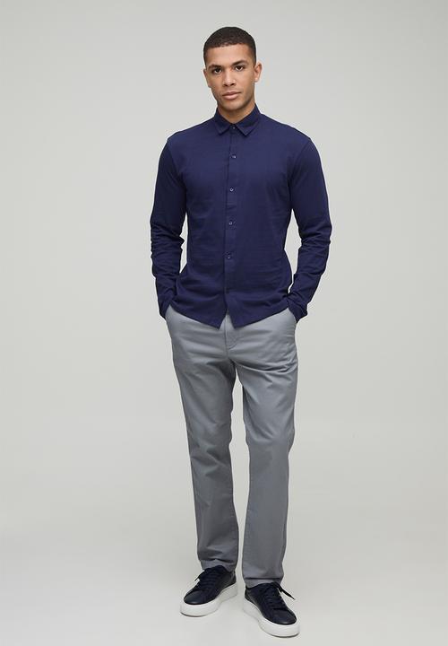 boohooMAN - Slim Fit Jersey Long Sleeve Shirt - Navy