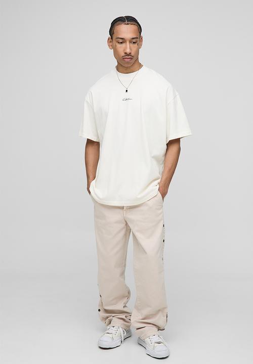 boohooMAN - Relaxed Fit Overdyed Twill Popper Hem Trousers - Stone