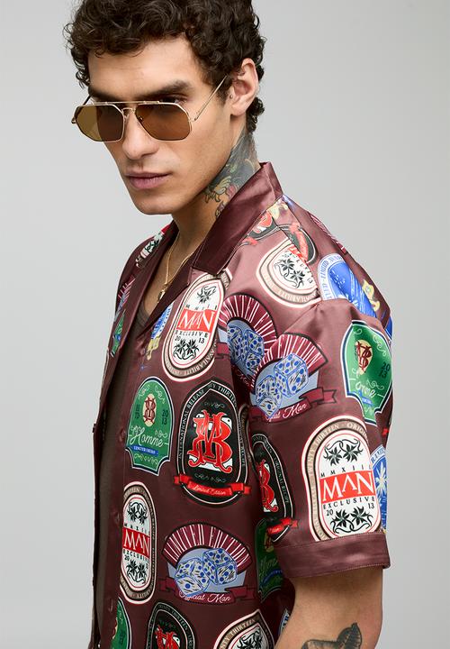 boohooMAN - Oversized Short Sleeve Border Print Satin Shirt - Brown