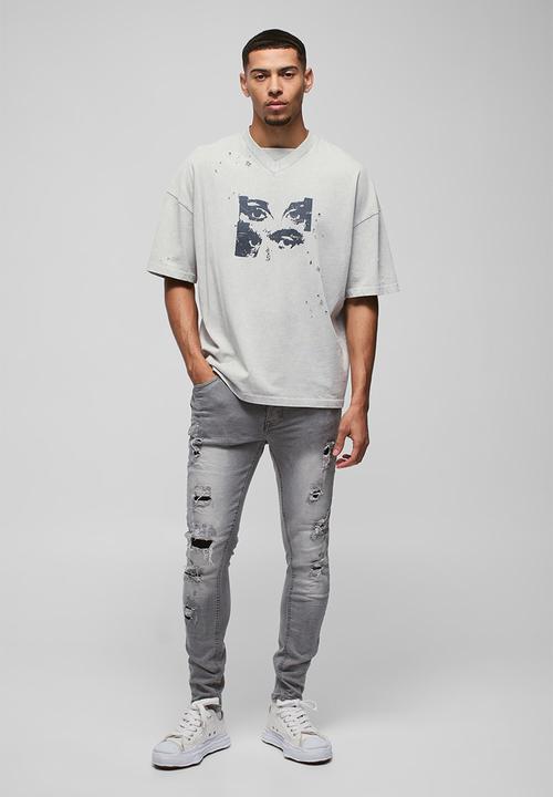boohooMAN - Skinny Stretch Ripped Jeans In Ice Grey Wash - Ice Grey