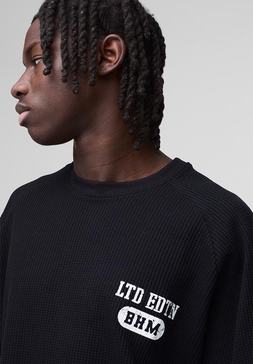 boohooMAN - Oversized Raglan Waffle Print T-Shirt - black