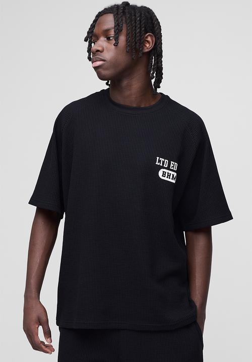 Oversized Raglan Waffle Print T-Shirt - black