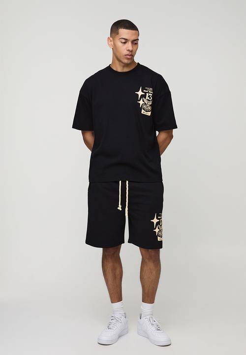 boohooMAN - Oversized Moto Graphic T-Shirt & Short Set - black