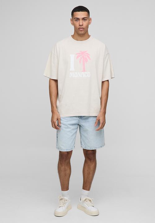 boohooMAN - Oversized Monaco Palm Tree Washed Printed T-Shirt - Stone