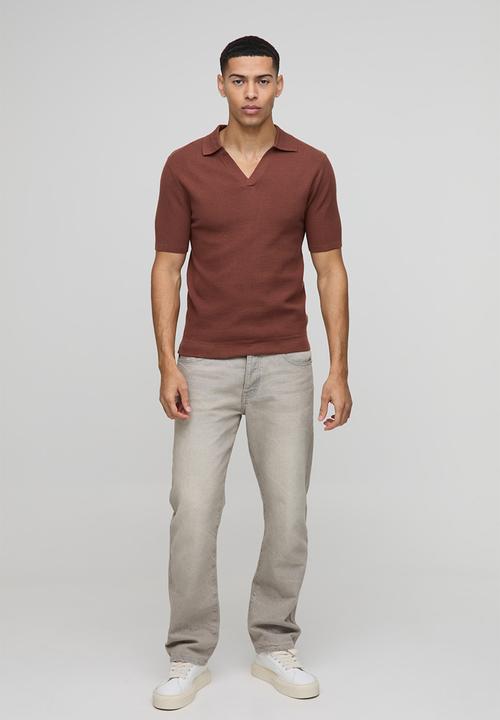 boohooMAN - Muscle Fit Revere Collar Knitted Polo - Dark Red