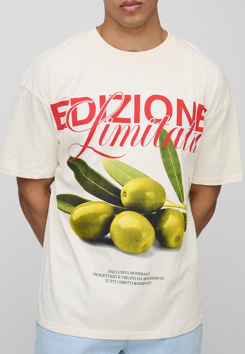 boohooMAN - Oversized Olive Print T-Shirt - Ecru