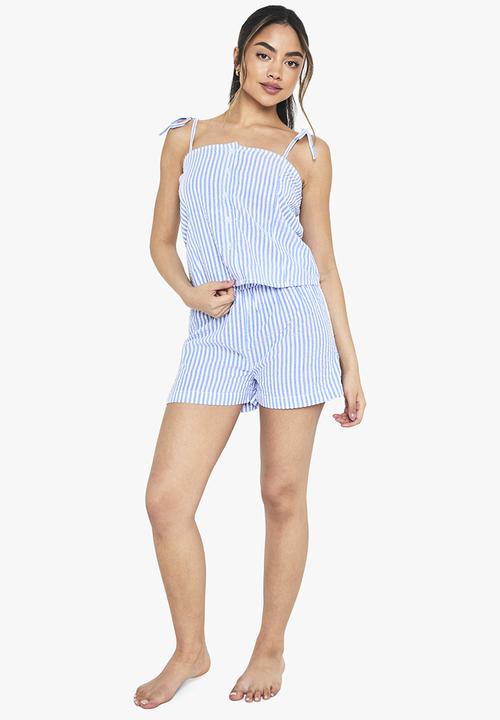 boohoo - Seersucker stripe button cami & short pyjama set - blue