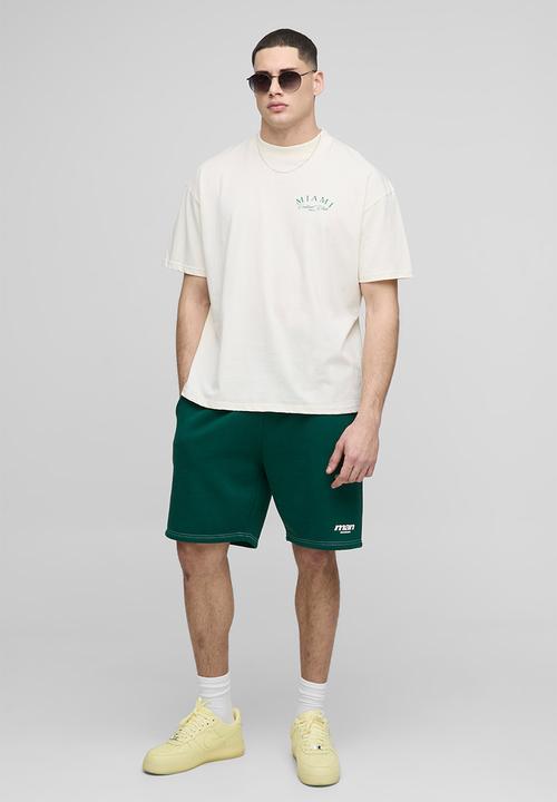 boohooMAN - Oversized Extended Neck Miami Cocktail Club T-shirt - Ecru