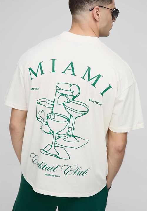 boohooMAN - Oversized Extended Neck Miami Cocktail Club T-shirt - Ecru