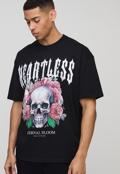 boohooMAN - Oversized Heartless Floral Skull Graphic T-Shirt - Black