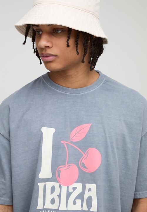 boohooMAN - Oversized Ibiza Cherry Washed Printed T-Shirt - grey