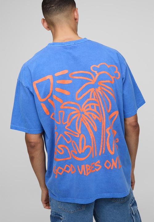 boohooMAN - Oversized Good Vibes Only Washed Printed T-shirt - blue