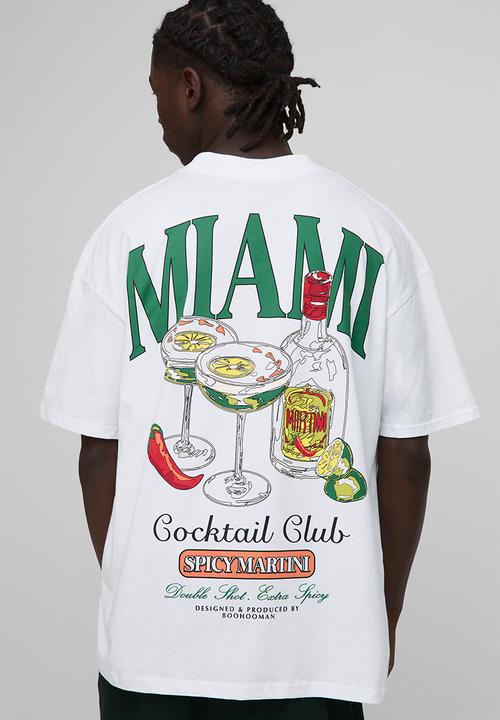boohooMAN - Oversized Extended Neck Miami Cocktail Club Printed T-Shirt - white