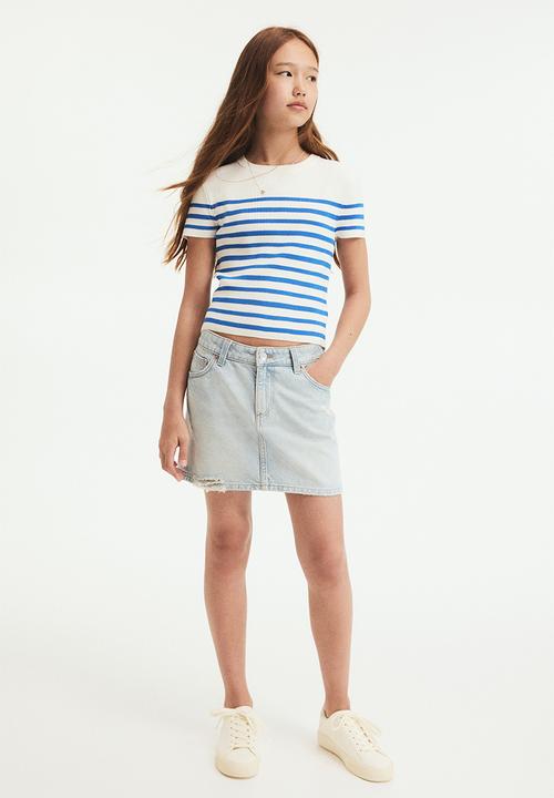 H&M - Short rib-knit top - white/blue striped