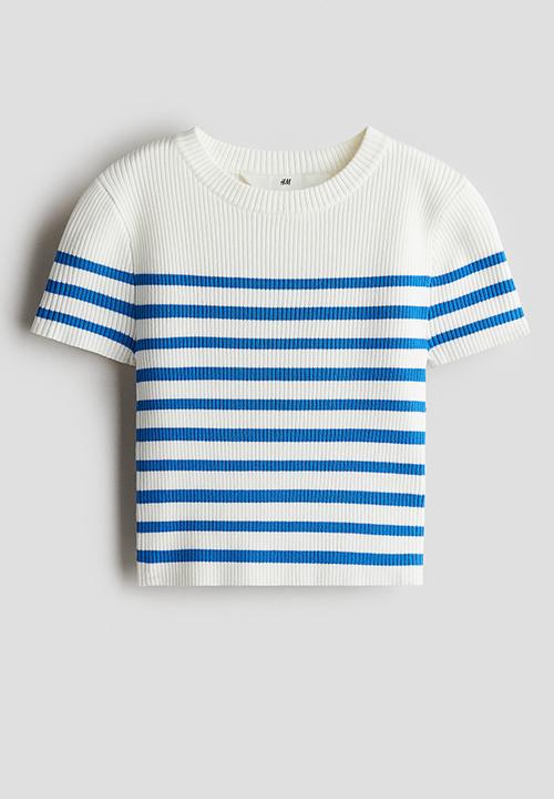 H&M - Short rib-knit top - white/blue striped