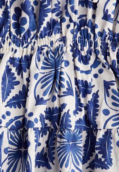 H&M - Drawstring-detail poplin dress - white & blue patterned