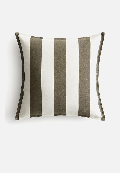 H&M - Linen-blend cushion cover - dark olive green/striped