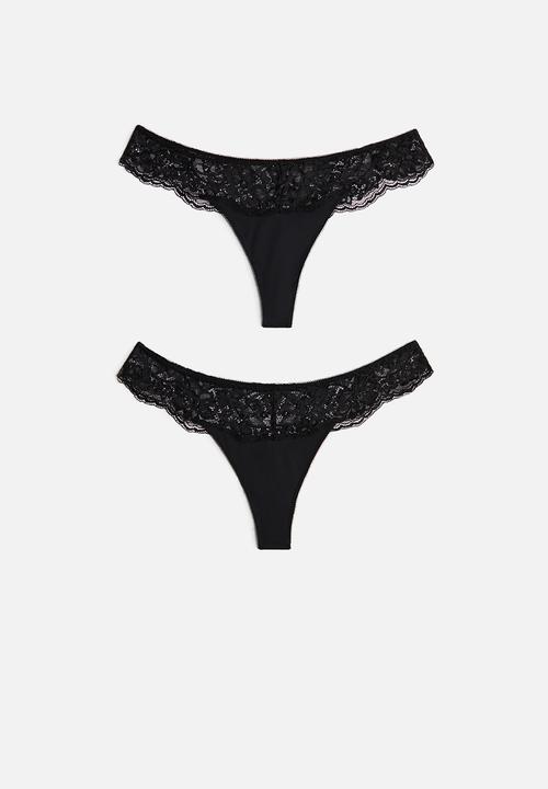 H&M - 2-pack microfibre and lace thong briefs - black