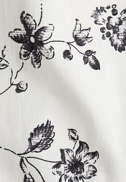 H&M - Puff-sleeved poplin dress -white/black floral 