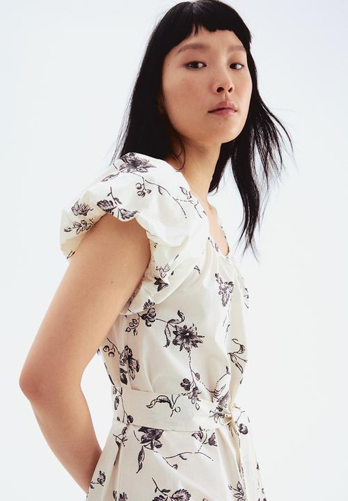 H&M - Puff-sleeved poplin dress -white/black floral 