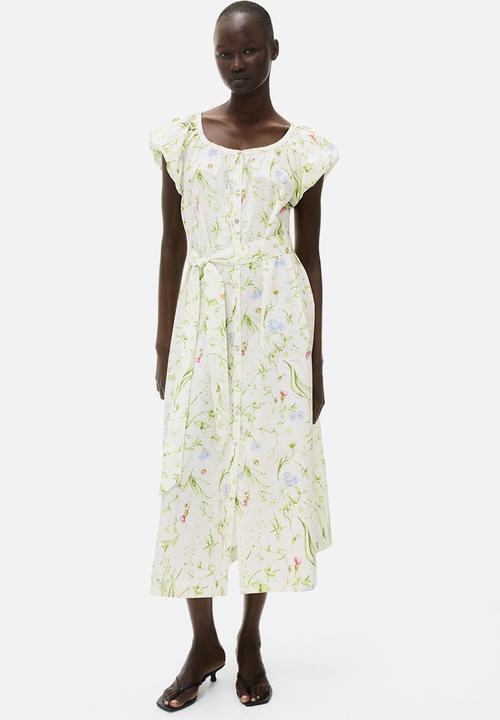 H&M - Puff-sleeved poplin dress - white/floral 
