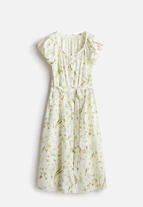 H&M - Puff-sleeved poplin dress - white/floral 