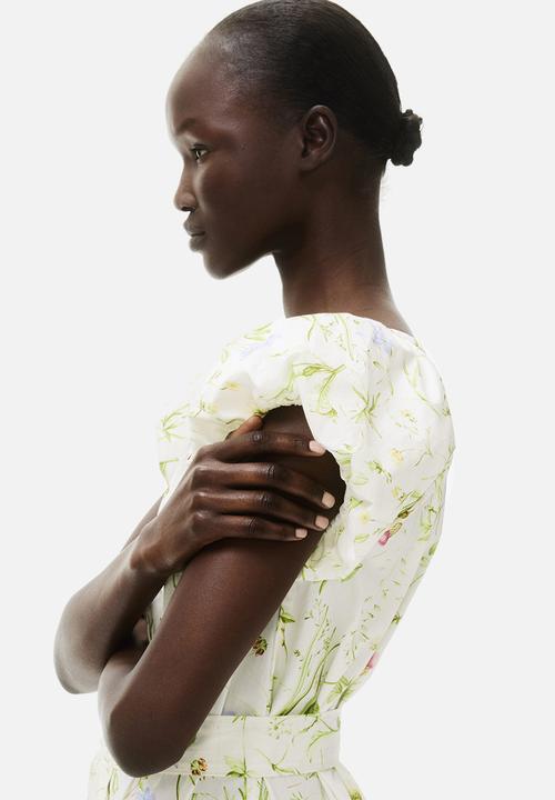 H&M - Puff-sleeved poplin dress - white/floral 
