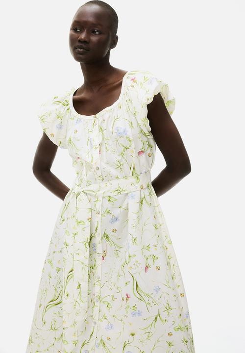 H&M - Puff-sleeved poplin dress - white/floral 