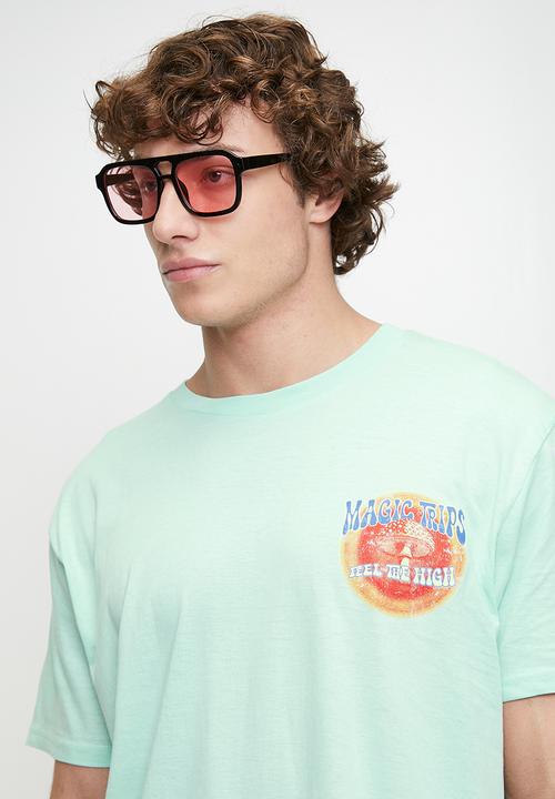 Brave Soul - Crew Neck OversizedT-Shirt - Pale Mint / Multi-Colour Print