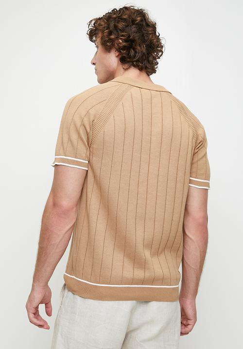 Brave Soul - Short Sleeved Open Collar Polo - Tan/Vintage White