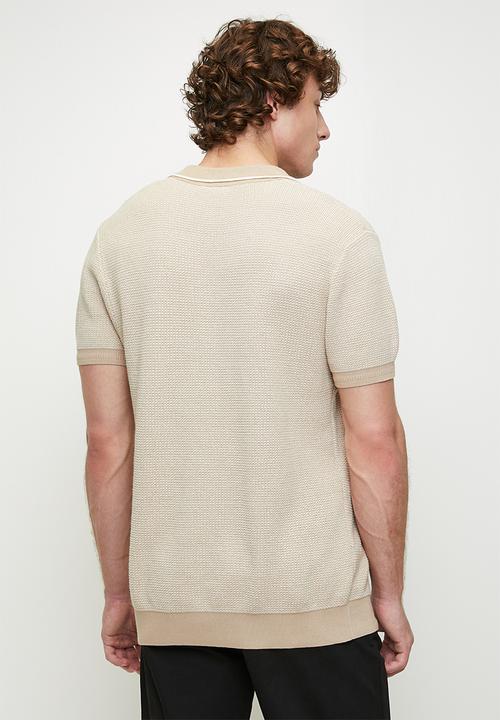 POLO - Andy textured tipped knitted golfer - stone	