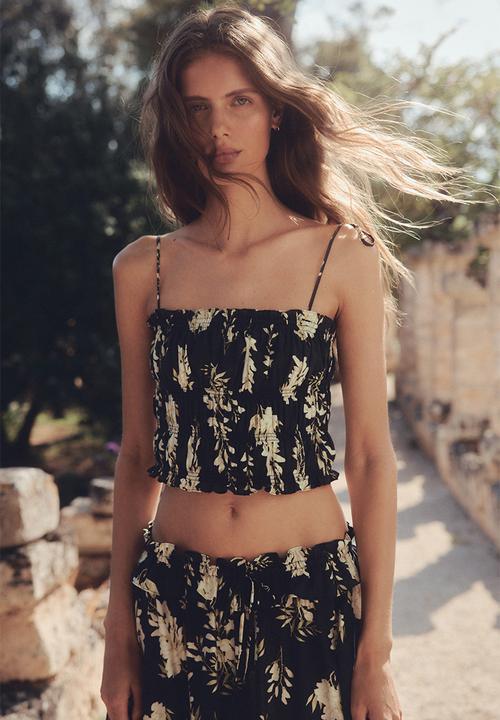 H&M - Frill-trimmed maxi skirt - black/floral 