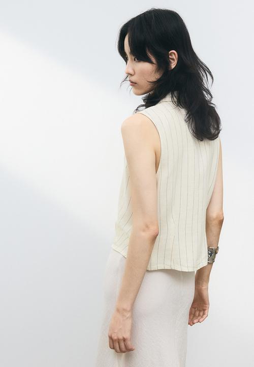 H&M - Linen-blend sleeveless shirt - cream/pinstriped