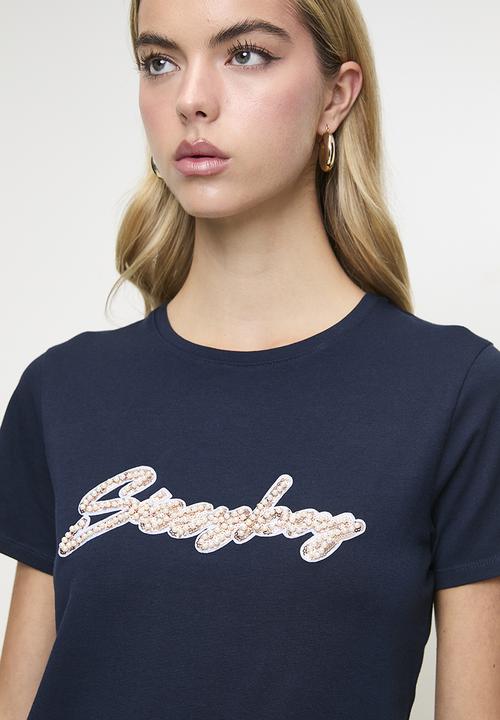 SISSY BOY - Love And Be Loved: Regular Fit Sequin And Pearl Logo Top - Navy