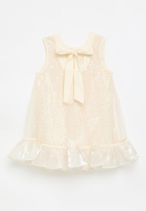 Pop Candy - Sequin a-line dress with silk organza hem overlay - seashell white