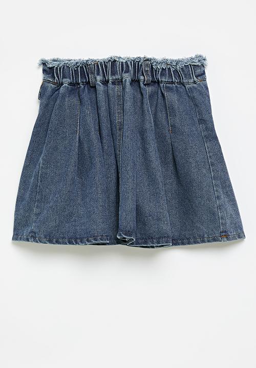 Pop Candy - Frayed waistband denim skirt with pleating - blue