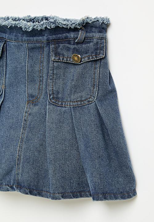 Pop Candy - Frayed waistband denim skirt with pleating - blue