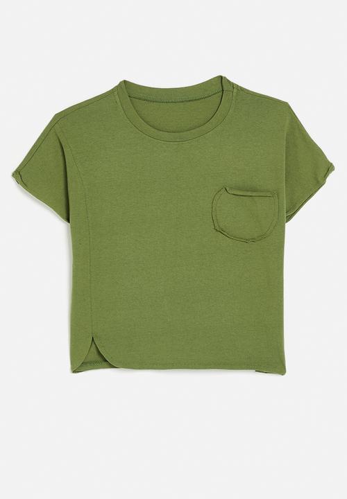 Pop Candy - Asymmetrical front hem tee with stylised pocket - sap green