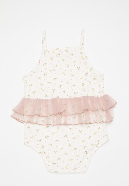 Pop Candy - Ditsy floral bodyvest with double mesh flounce - off white/pink