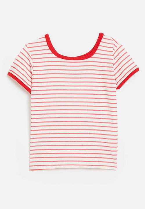 Pop Candy - Cherry applique rib knit tee - red stripes