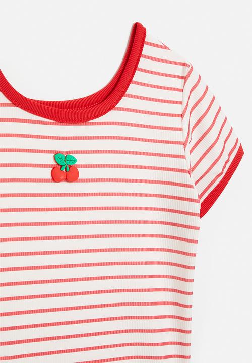 Pop Candy - Cherry applique rib knit tee - red stripes