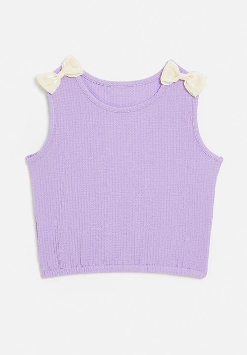 Pop Candy - Waffle knit top with liquid satin bow detail - lilac/cream