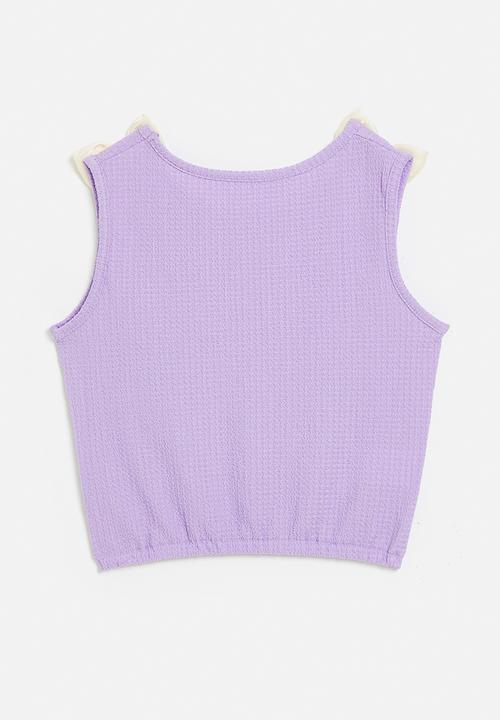 Pop Candy - Waffle knit top with liquid satin bow detail - lilac/cream