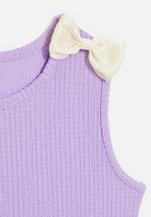 Pop Candy - Waffle knit top with liquid satin bow detail - lilac/cream