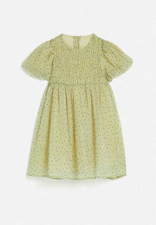Pop Candy - Shirred bodice dress with bubble sleeves - green/micro dots