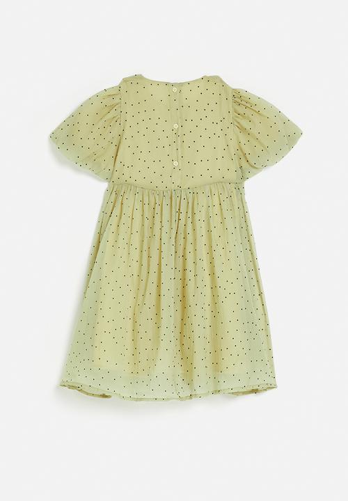 Pop Candy - Shirred bodice dress with bubble sleeves - green/micro dots