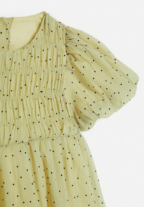 Pop Candy - Shirred bodice dress with bubble sleeves - green/micro dots